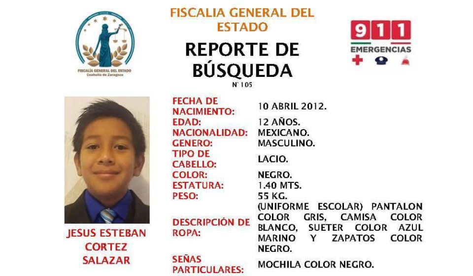 Fiscalía pide colaboración en búsqueda de niño Jesús Esteban Cortez en Saltillo
