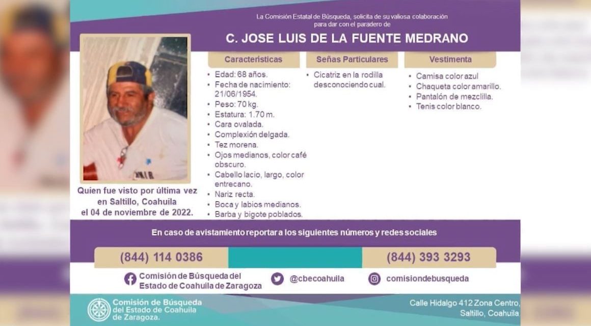 José Luis de la Fuente está extraviado: activan alerta de búsqueda en Saltillo