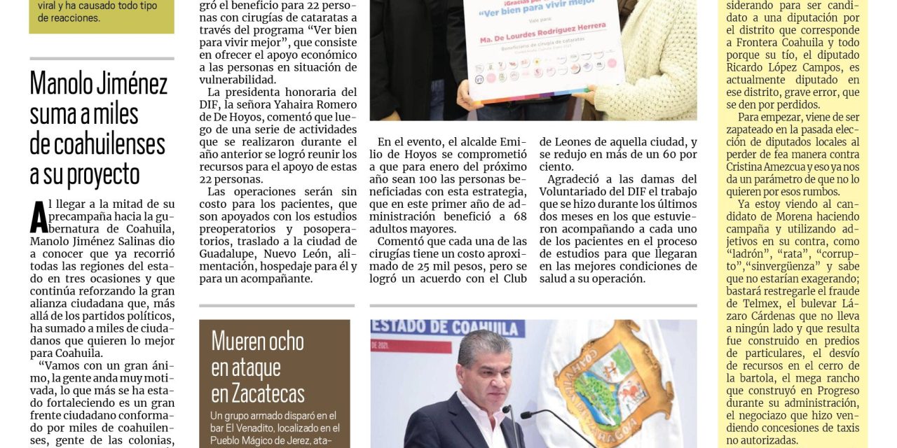 Portada Región Fronteriza [29 de enero de 2023] Apoyan la vista de adultos mayores; piden mejoras en transporte y más…