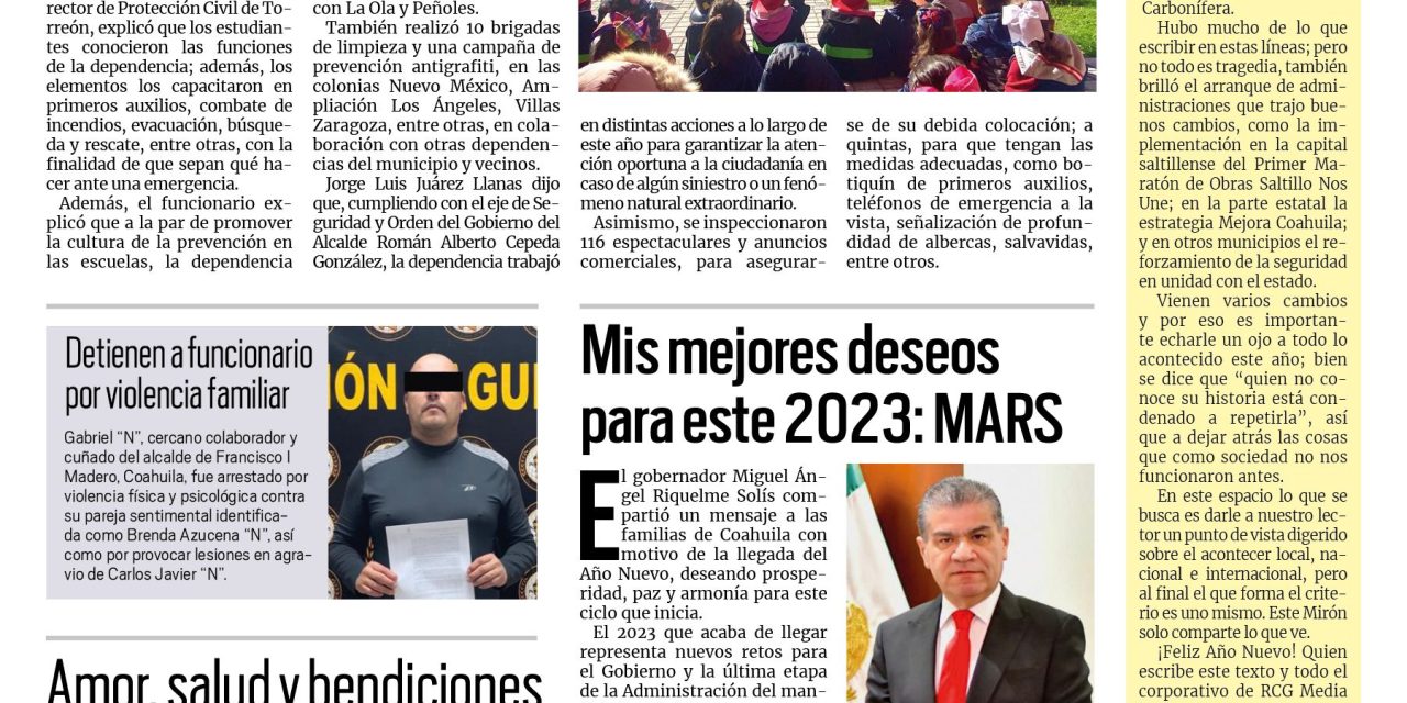 Portada Región Lagunera [1 de enero de 2023] Protección Civil fortaleció la prevención en 2022; Continuaron trabajos de rehabilitación en diciembre; y más…