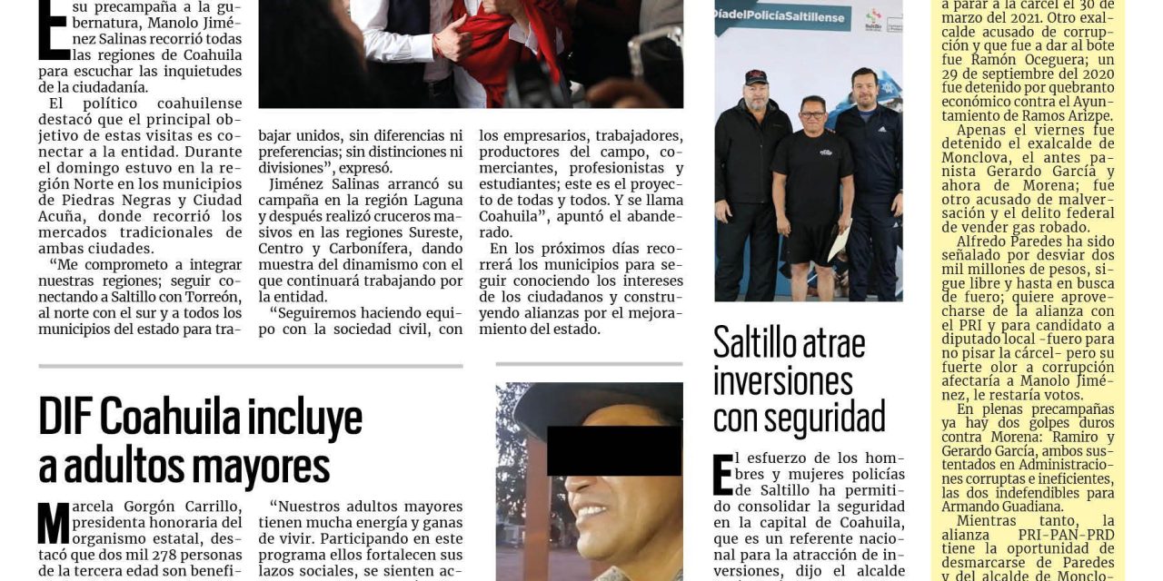 Portada RCG Media [16 de enero de 2023] Manolo Jiménez recorre todas las regiones; DIF Coahuila incluye a adultos mayores y más…