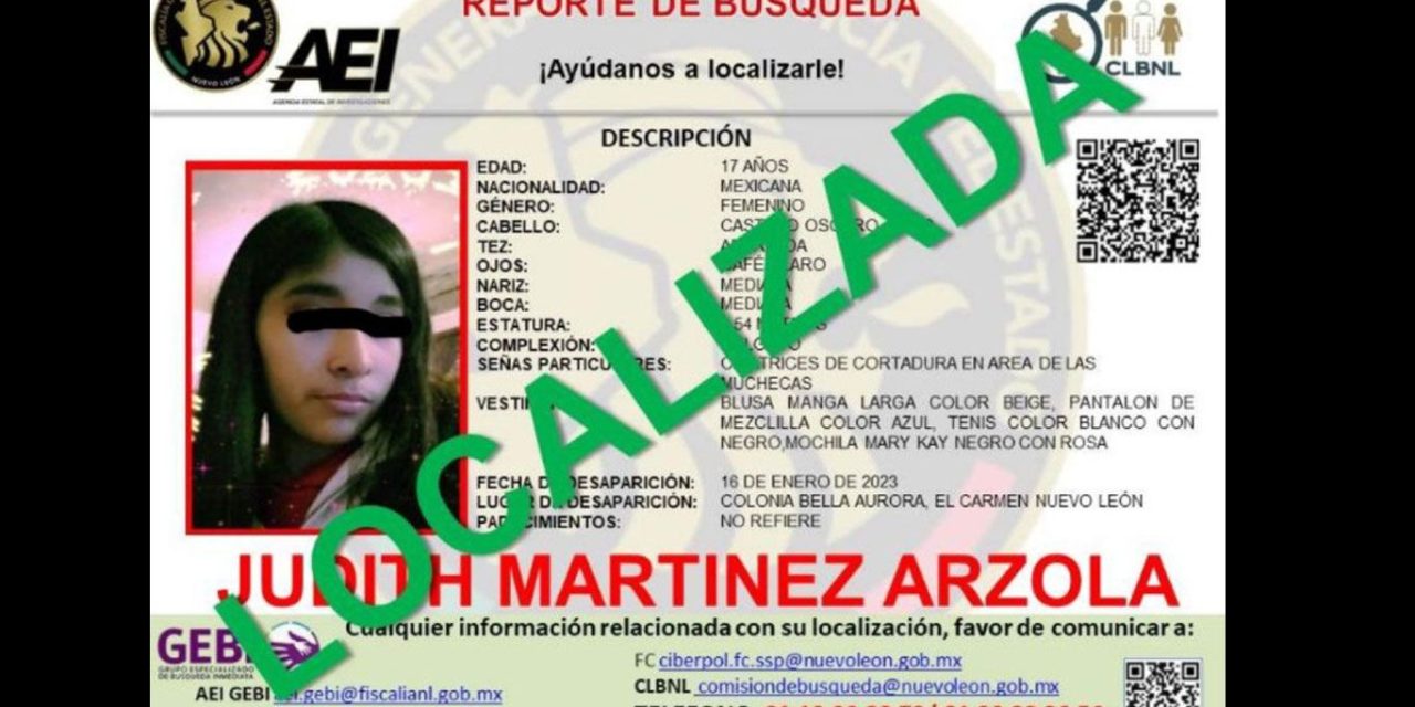 Judith no estaba desaparecida, la encontraron con su novio de ‘face’ en Nuevo Léon