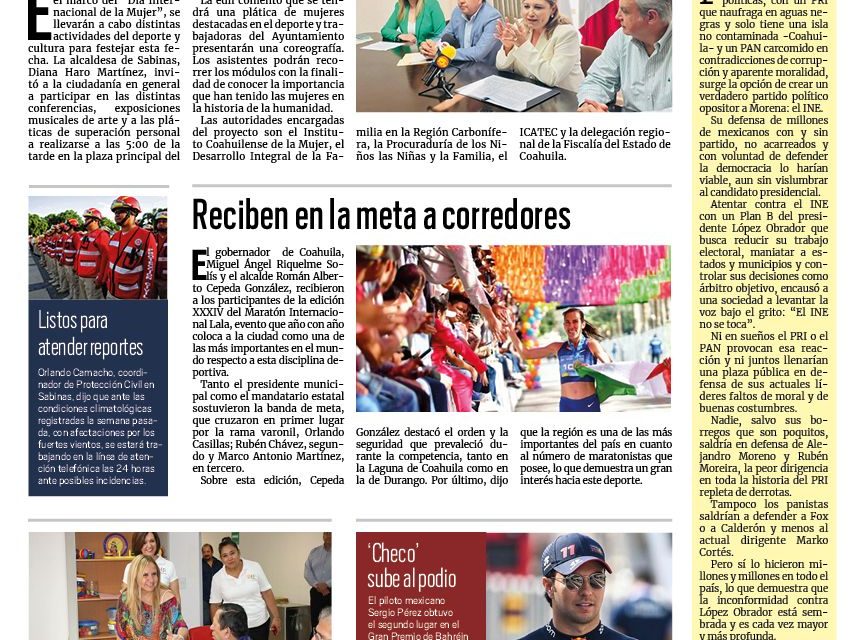 Portada RCG Región Carbonífera [6 de marzo de 2023] Invitan en Sabinas a la feria de la inclusión; Nuevo Barroterán es una comunidad saludable y más…