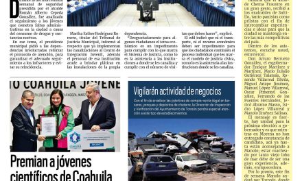 Portada RCG Laguna [11 de marzo de 2023] Darán apoyos a jóvenes que buscan rehabilitarse ; Toman protesta a nueva mesa directiva de la CANIRAC y más…