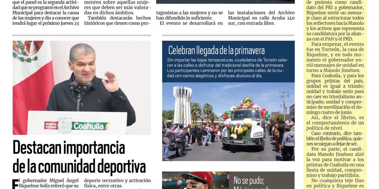 Portada RCG Lagunera [21 de marzo de 2023] Compartirán historias de mujeres destacadas; refuerzan medidas contra la proliferación de moscos y más…