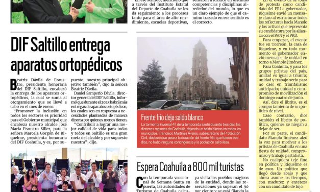 Portada RCG Media [21 de marzo de 2023] Destacan importancia de la comunidad deportiva; DIF Saltillo entrega aparatos ortopédicos y más…