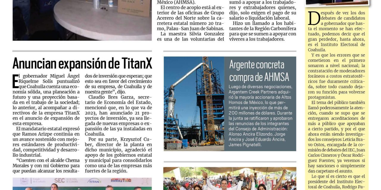 Portada RCG Carbonífera [21 de abril de 2023] Apoyan pobladores plantón en Minosa; continúa la incertidumbre por AHMSA y más…