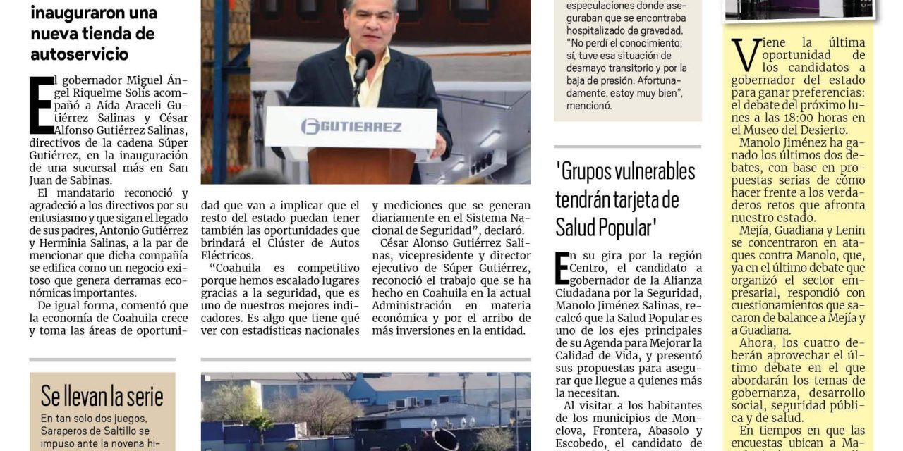 Portada RCG Centro [27 de abril de 2023] Crecen cadenas mercantiles en Coahuila; apuñala a su esposa, policías lo capturan y más…