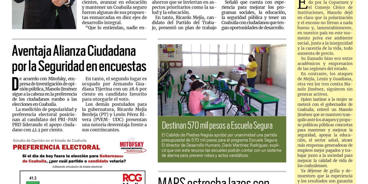 Portada RCG Fronteriza [20 de abril de 2023] Otra vez ganó Manolo; supervisan introducción de sistema de agua potable en Acuña y más…