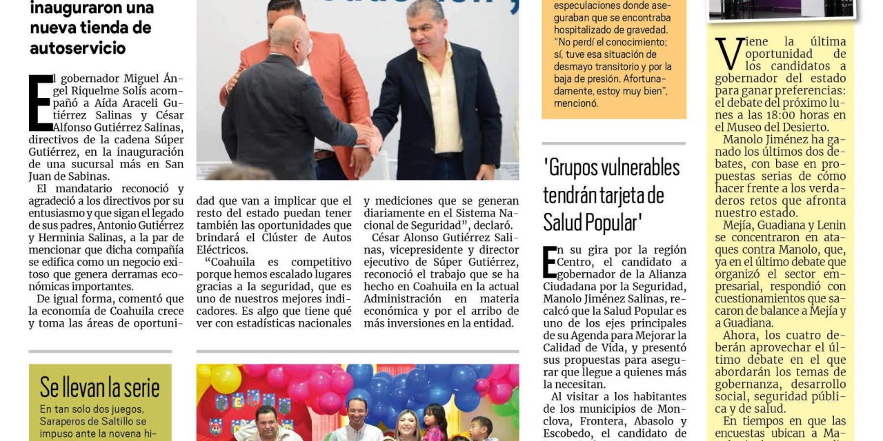 Portada RCG Fronteriza [27 de abril de 2023] Crecen cadenas mercantiles en Coahuila; invitan a jóvenes a participar en votaciones y más…