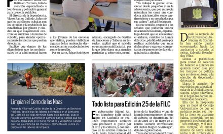 Portada RCG Lagunera [9 de abril de 2023] Atienden salud para prevenir suicidios; invitan a participar en rally turístico y más…
