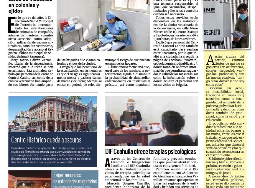 Portada RCG Lagunera [10 de abril de 2023] Refuerza Torreón  esterilizaciones; ofrecen curso sobre la historia del deporte y más…