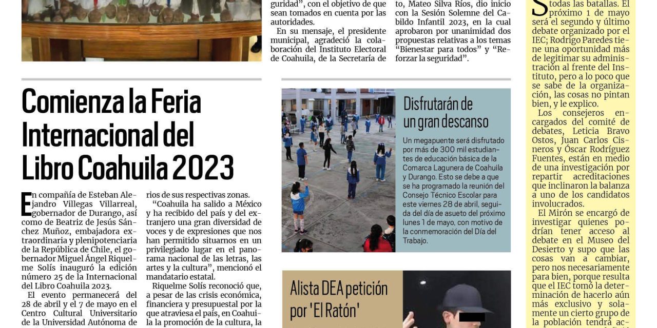 Portada RCG Lagunera [29 de abril de 2023] Celebran Sesión Solemne del Cabildo Infantil 2023; eventos masivos transcurrieron en tranquilidad y más…