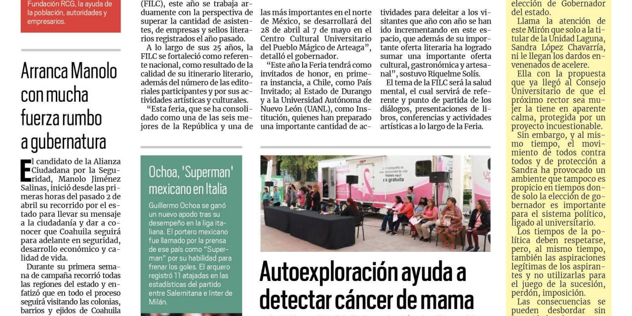 Portada RCG Media [9 de abril de 2023] Coahuila se prepara para la FILC; autoexploración ayuda a detectar cáncer de mama y más…