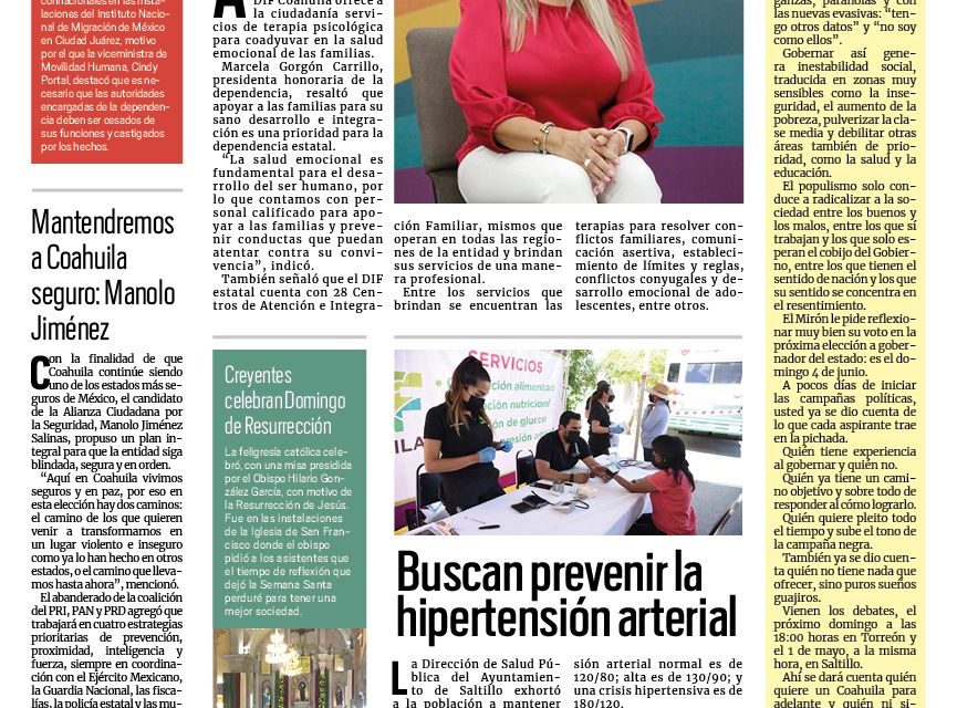 Portada RCG Media [10 de abril de 2023] DIF Coahuila ofrece terapias psicológicas; buscan prevenir la hipertensión arterial y más…