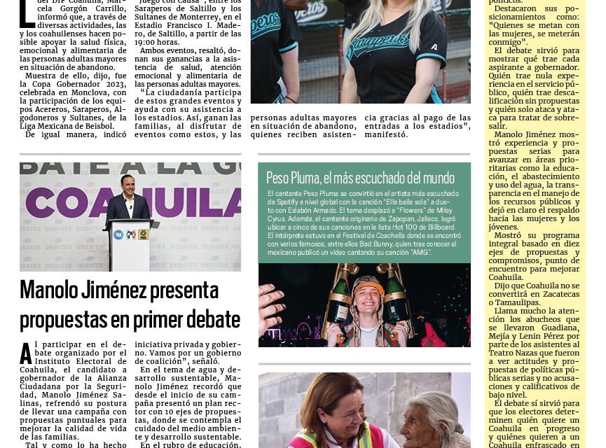 Portada RCG Media [17 de abril de 2023] Coahuila protege a los adultos mayores; Manolo Jiménez presenta propuestas en primer debate y más…