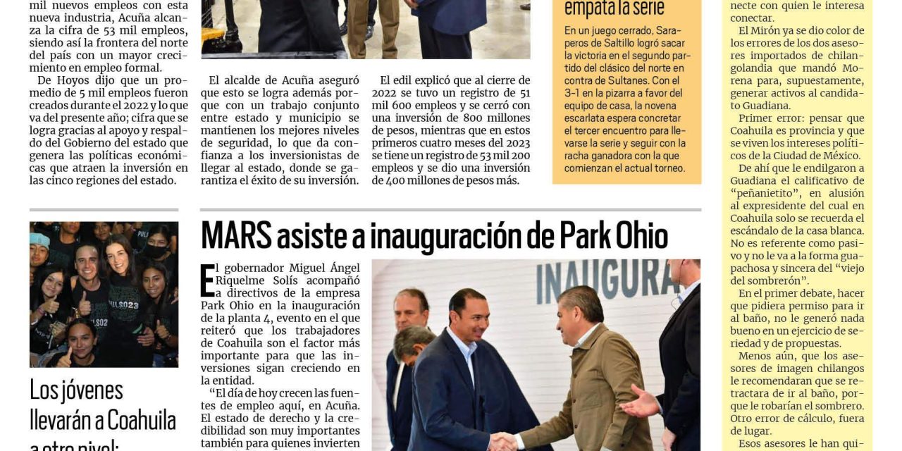 Portada RCG Fronteriza [3 de mayo de 2023] Suma Acuña 53 mil empleos en la industria; impulsa Canacintra cruce por Ciudad Acuña y más…