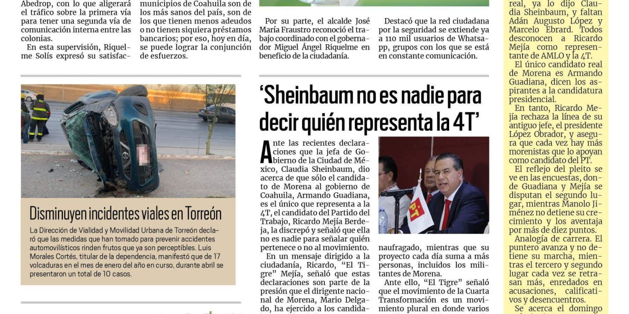Portada RCG Lagunera [10 de mayo de 2023] Supervisan Riquelme y Fraustro rehabilitación de pavimento; celebran a mujeres policías por el Día de la Madre y más…