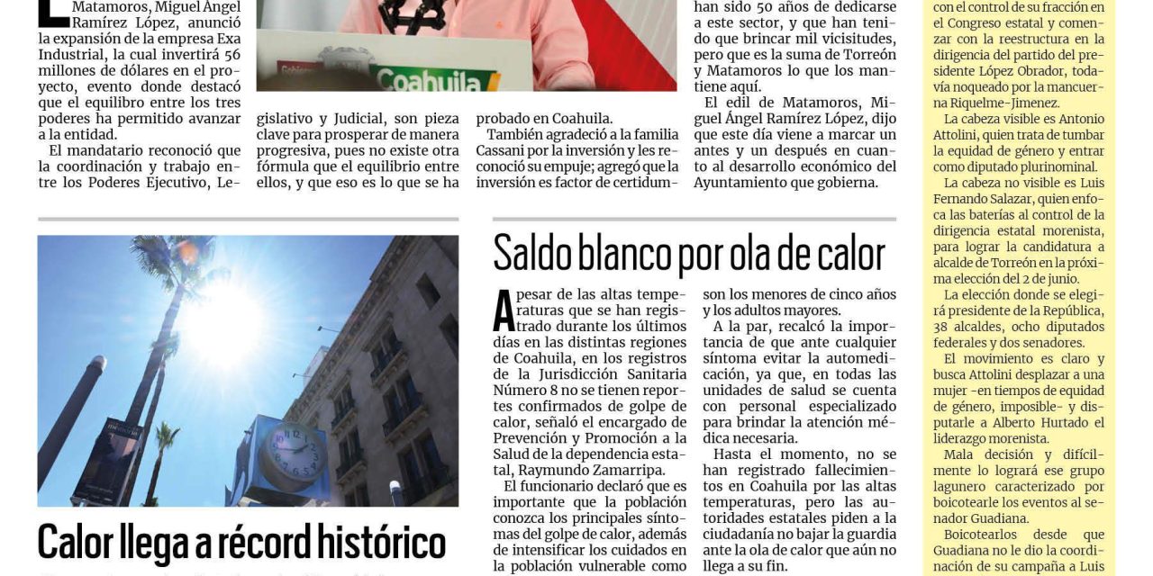 Portada RCG Lagunera [20 de junio de 2023] Anuncia MARS expansión de Exa Industrial; arrancan obras de pavimentación y más…