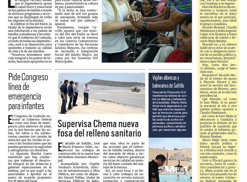 Portada RCG Media [19 de junio de 2023] Da DIF Coahuila apoyo físico y emocional; supervisa Chema Fraustro nueva fosa del relleno sanitario y más…