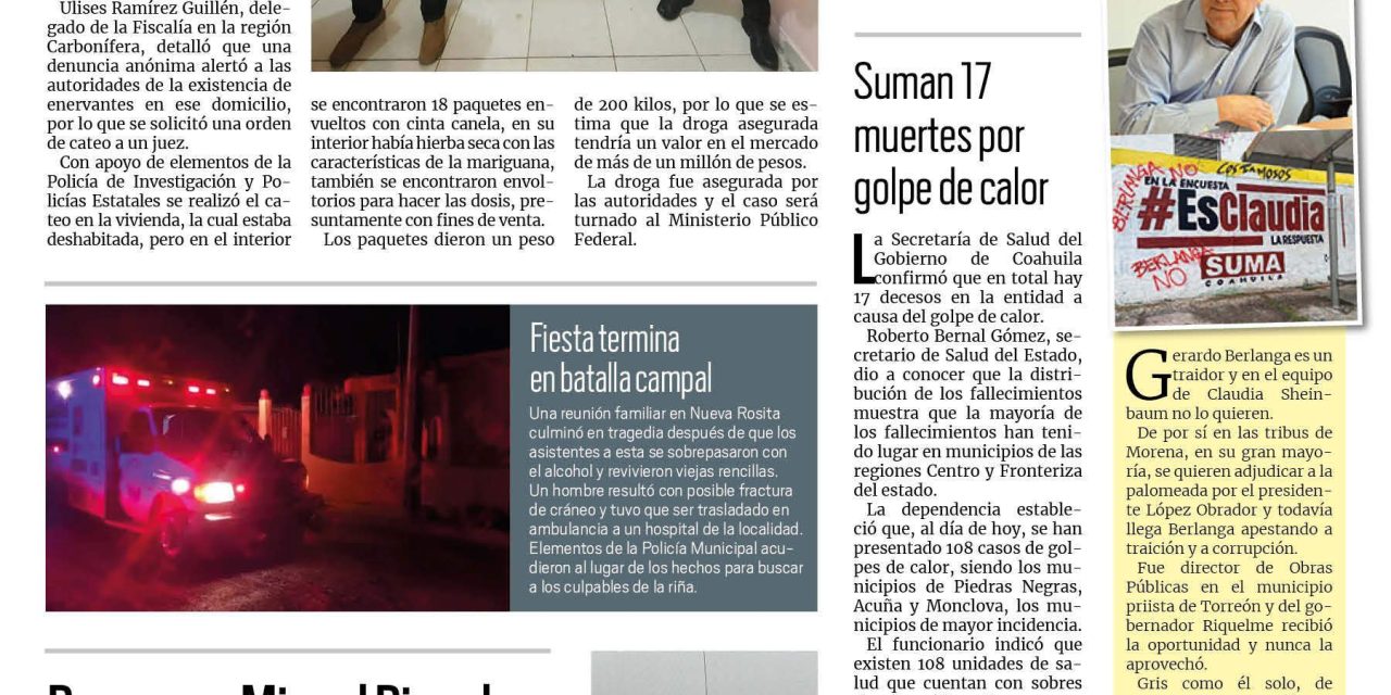 Portada RCG Carbonífera [4 de julio de 2023] Aseguran 200 kilos de mariguana; estafan con ventas falsas de aires acondicionados y más…