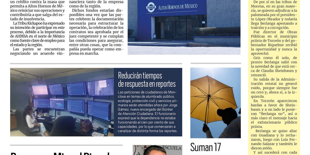 Portada RCG Centro [4 de julio de 2023] Urgen recursos para rescate de AHMSA; aumenta consumo de alcohol en Monclova y más…
