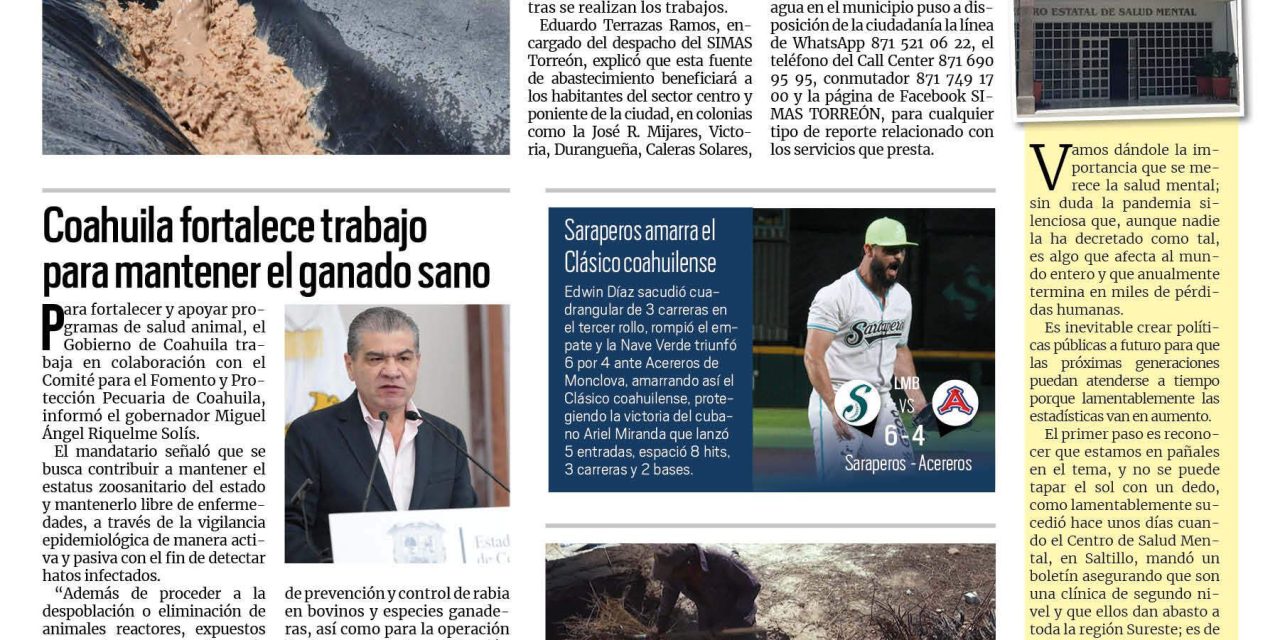 Portada RCG Lagunera [23 de julio de 2023] Miden cantidad y calidad del agua en nuevo pozo La Fe en Torreón; Resguardan a yegua maltratada en Torreón y más…