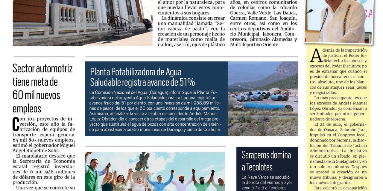 Portada RCG Lagunera [30 de julio de 2023] En Torreón, buscan generar conciencia ambiental en niños y niñas; Productores de La Laguna viven bonanza económica y más…