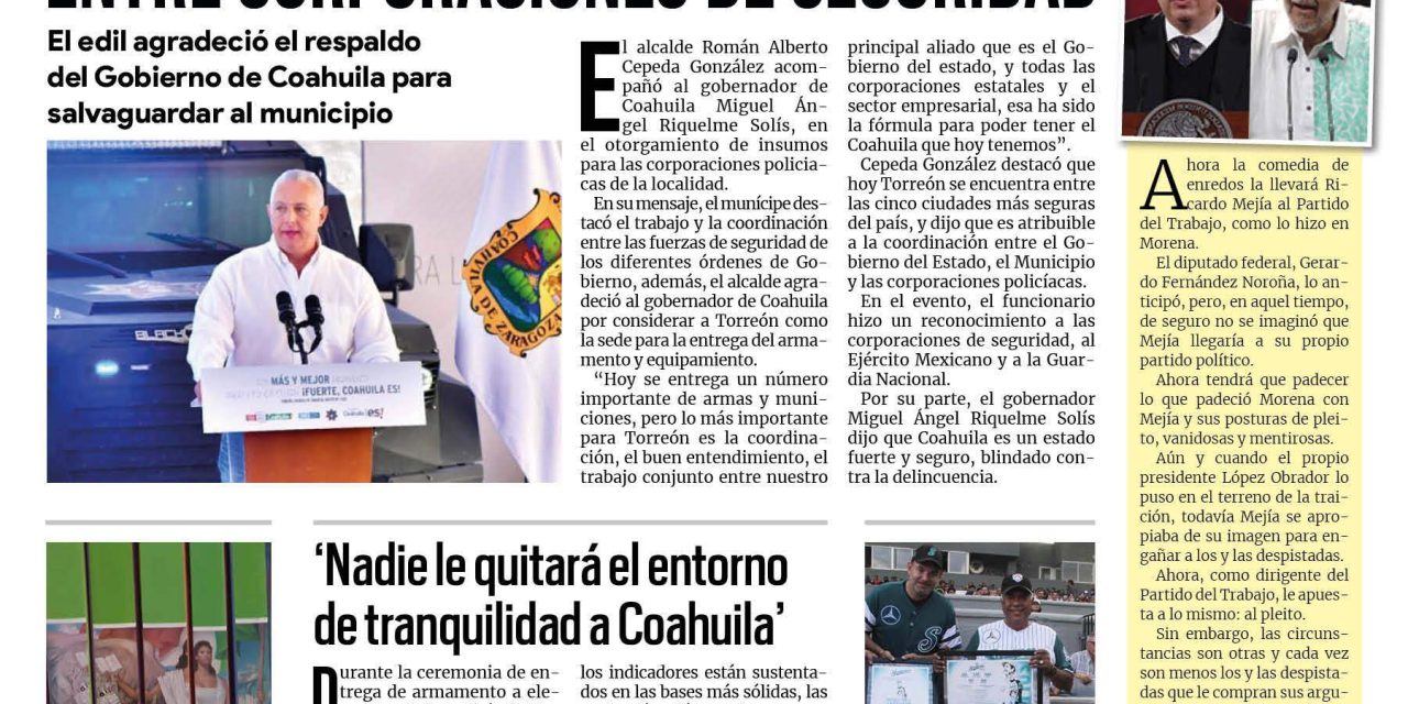 Portada RCG Lagunera [8 de agosto de 2023] Destacan trabajo y coordinación entre corporaciones de seguridad; regresa el taller de carpintería del DIF y más…