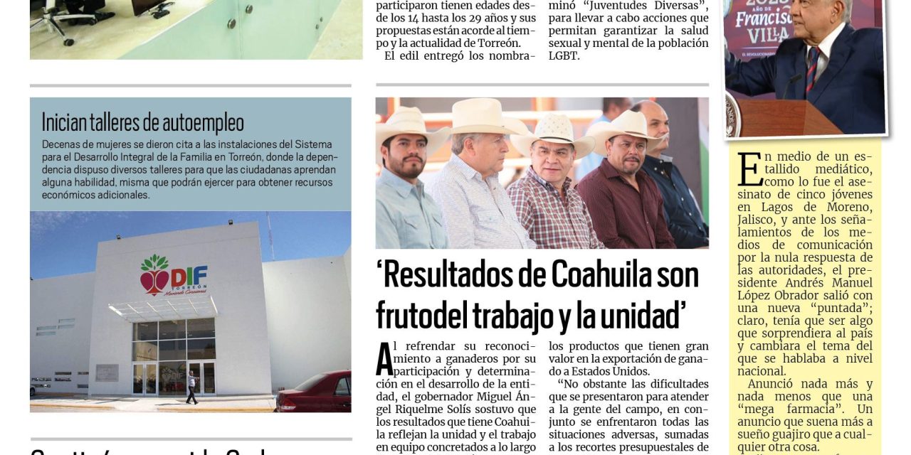 Portada RCG Lagunera [26 de agosto de 2023] Propone Cabildo Juvenil nuevo enfoque de políticas públicas; Entregarán preseas ‘Ciudadanía Distinguida’ en el Museo Arocenas y más…