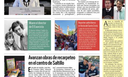 Portada RCG Media [8 de agosto de 2023] ‘Nadie le quitará el entorno de tranquilidad a Coahuila’; avanzan obras de recarpeteo en el centro de Saltillo y más…