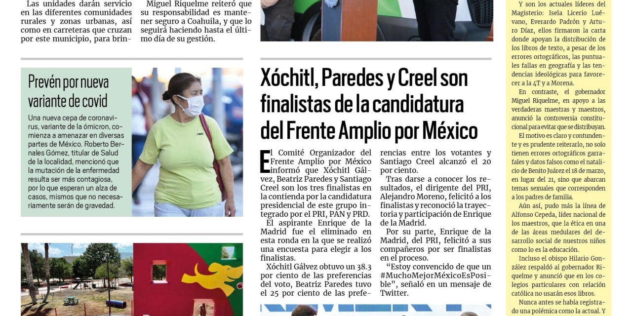 Portada RCG Media [16 de agosto de 2023] Trabaja MARS por el bienestar y salud de los coahuilenses; Xóchitl, Paredes y Creel son finalistas de la candidatura del Frente Amplio por México y más…