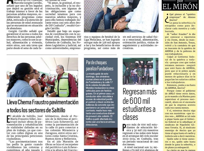 Portada RCG Media [28 de agosto de 2023] Trabajo por adultos mayores, legado del DIF Coahuila; Lleva Chema Fraustro pavimentación a todos los sectores y más…