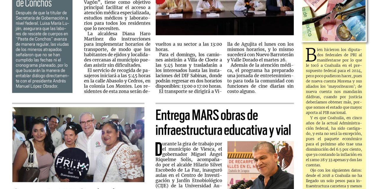Portada RCG Carbonífera [23 de septiembre de 2023] Implementarán transporte para asistir a consultas médicas; Suspenderán servicio de agua potable en San Juan de Sabinas y más…