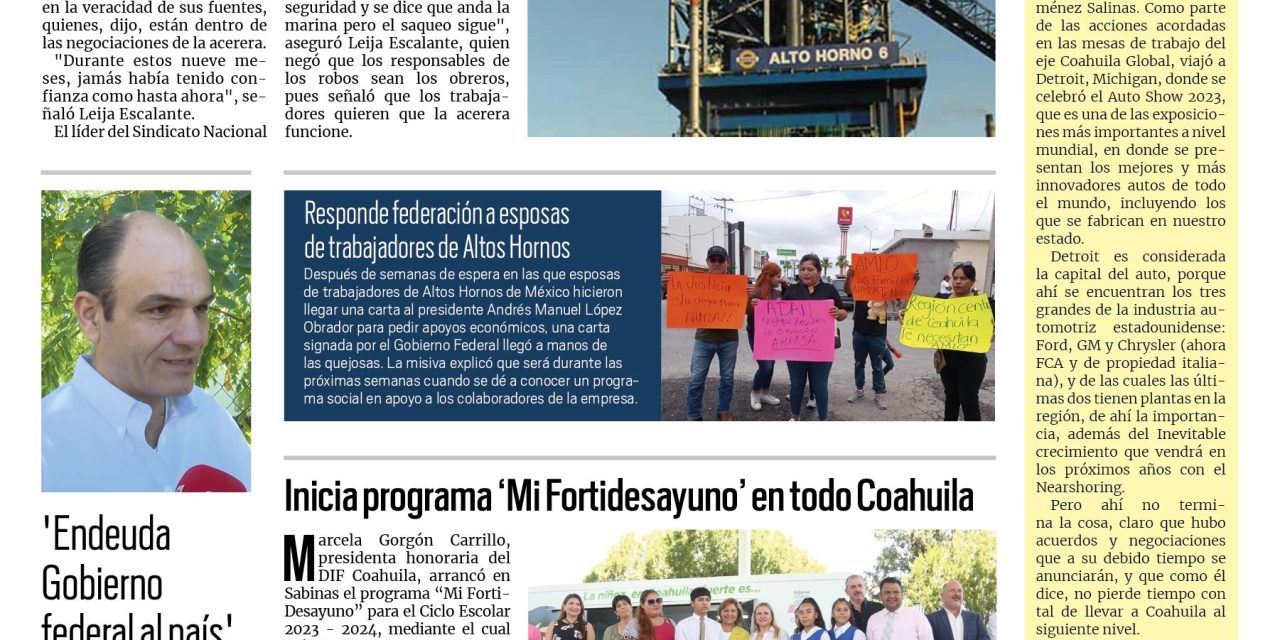 Portada RCG Centro [15 de septiembre de 2023] Negociaciones para reactivación de AHMSA estarían por concluir; muere una niña por rickettsia en Monclova y más…
