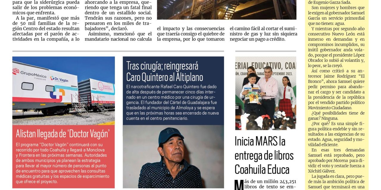 Portada RCG Centro [26 de septiembre de 2023] ‘Asfixia el Gobierno federal a AHMSA’; muere una persona por rickettsia y más…