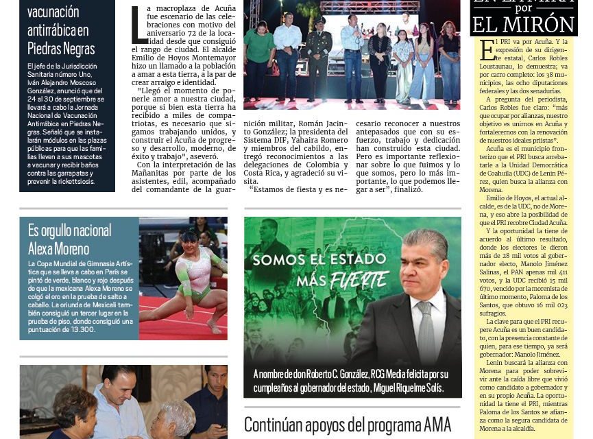 Portada RCG Fronteriza [18 de septiembre de 2023] Celebra Acuña 72 aniversario como ciudad; reconocen Colombia y Costa Rica apoyo de Acuña y más…