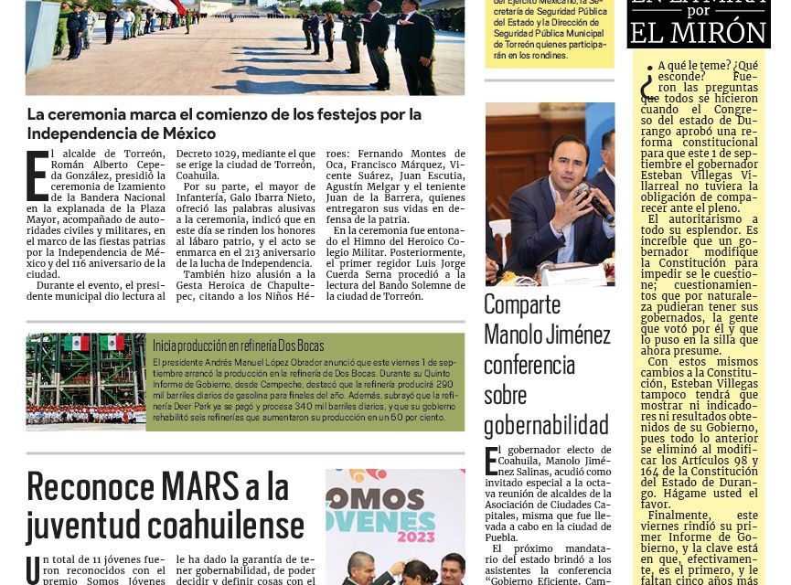 Portada RCG Lagunera [2 de septiembre de 2023] Encabeza Román Cepeda izamiento de la Bandera en Torreón; Revisa Protección Civil atracciones y puestos de la Feria de Torreón y más…