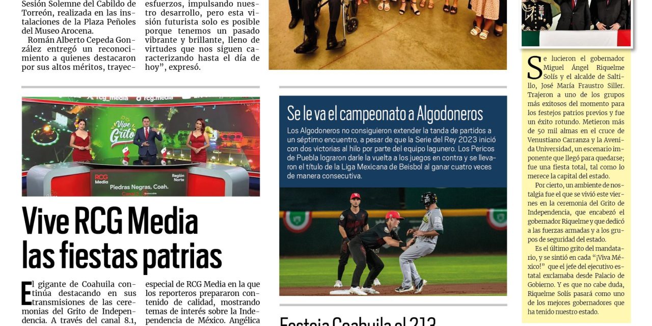 Portada RCG Lagunera [16 de septiembre de 2023] Alcalde reconoce a la ‘Ciudadanía Distinguida 2023’; Mantendrán la Seguridad Vial por desfile del Día de la independencia y más noticias…