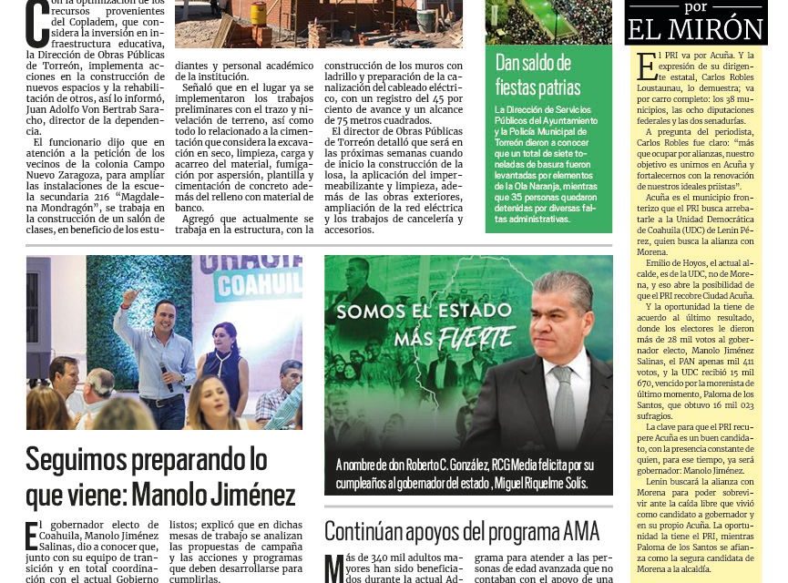 Portada RCG Lagunera [18 de septiembre de 2023] Invierte Torreón en educación; implementan acciones para evitar inundaciones y más…