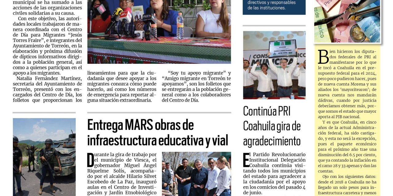 Portada RCG Lagunera [23 de septiembre de 2023] Colaboran para que migrantes reciban un trato digno; Coordinación entre corporaciones de seguridad da buenos resultados y más…