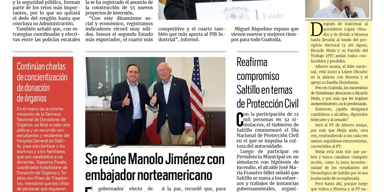 Portada RCG Media [20 de septiembre de 2023] Enfrentamos un sexenio de retos históricos: MARS; se reúne Manolo Jiménez con embajador norteamericano y más…