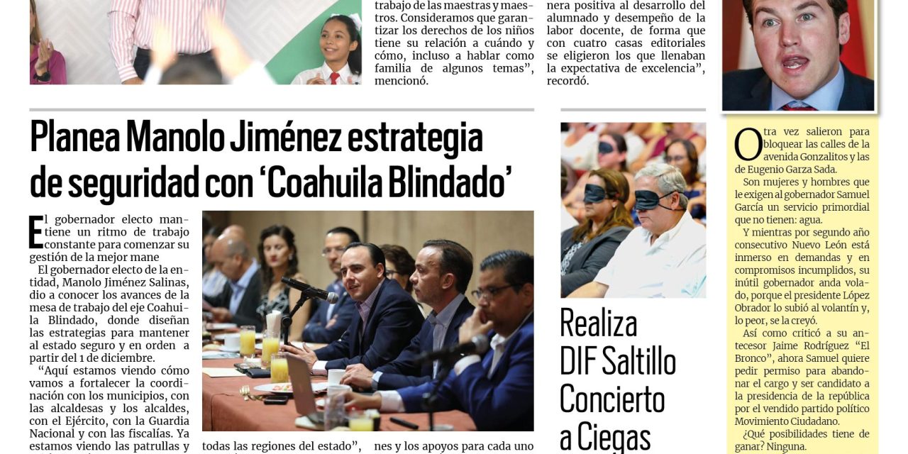 Portada RCG Media [26 de septiembre de 2023] Inicia MARS la entrega de libros Coahuila Educa; Planea Manolo Jiménez estrategia de seguridad con ‘Coahuila Blindado’ y más…