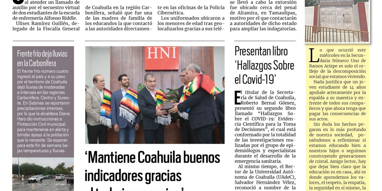 Portada RCG Carbonífera [6 de octubre de 2023] Extorsionan a dos estudiantes de Nueva Rosita; sabinosaurio llega al Museo de Antropología e Historia y más…