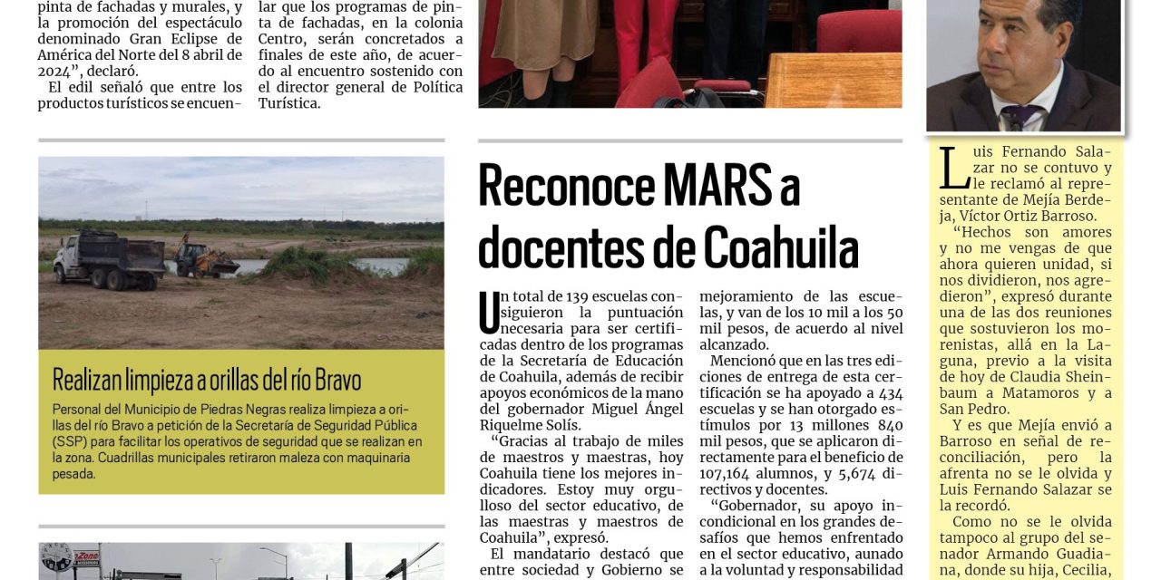 Portada RCG Fronteriza [11 de octubre de 2023] Trabaja Acuña para atraer más turismo al municipio; llegan obras de remodelación a jardín de niños y más…