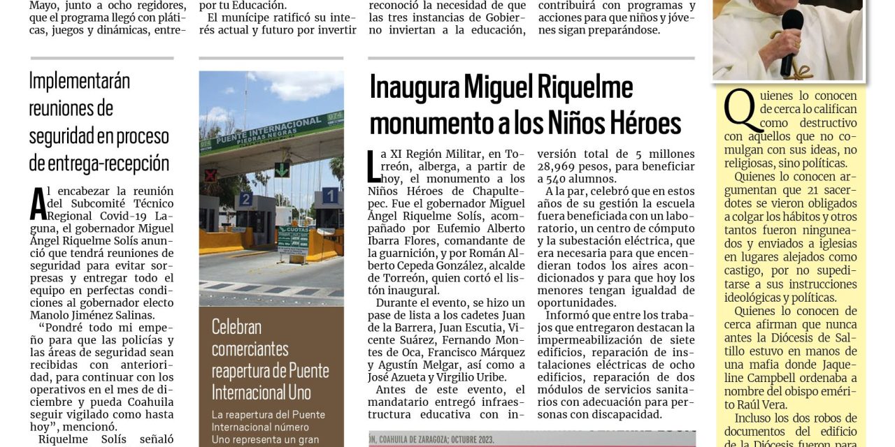 Portada RCG Fronteriza [17 de octubre de 2023] Cumple Acuña con entrega de obras en escuelas; brinda DIF atención y apoyo a adultos mayores y más…