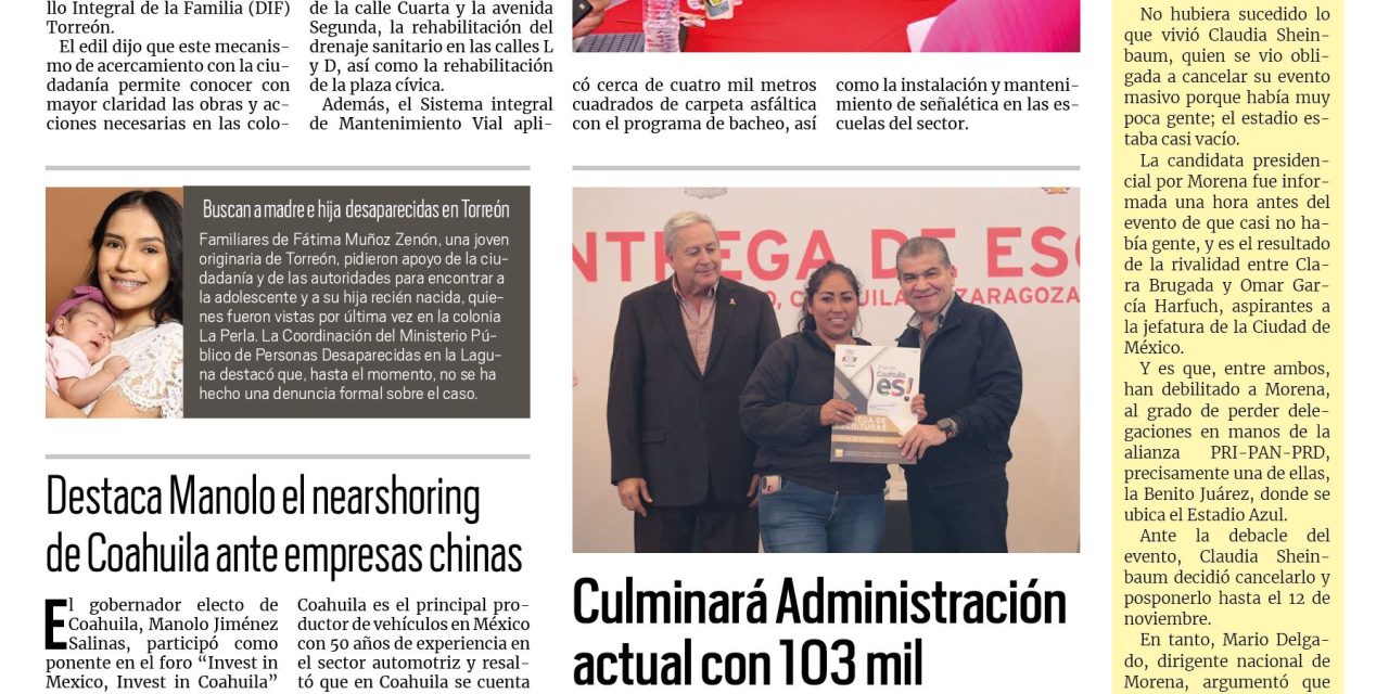Portada RCG Lagunera [26 de octubre de 2023] Audiencias Públicas llegan a la colonia Eduardo Guerra; amplían servicios en la guardería de la Policía de Torreón y más…