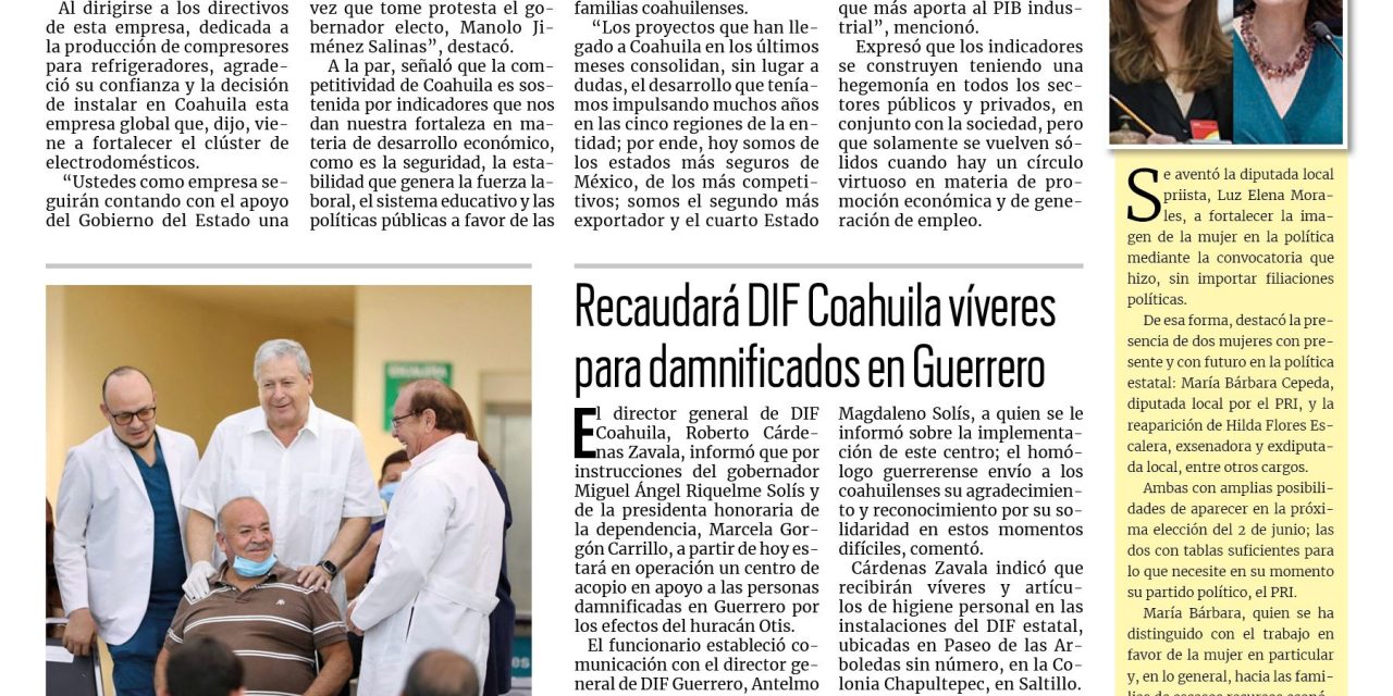 Portada RCG Media [27 de octubre de 2023] Sostenemos los indicadores de Coahuila con bases sólidas: MARS; se suma Saltillo con centro de acopio en apoyo de afectados por Otis y más…