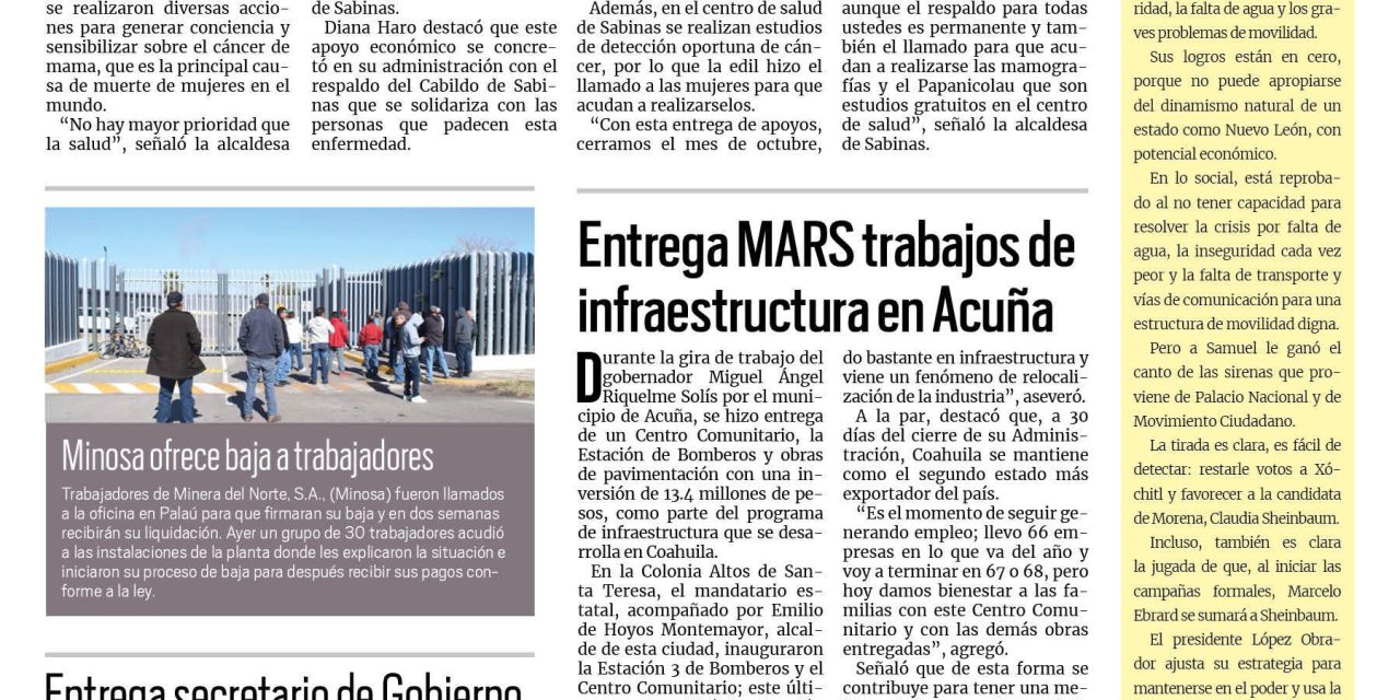 Portada RCG Carbonífera [ 01 de noviembre de 2023] Apoyan a personas con cáncer; crecen quejas ante la CDHEC y más…