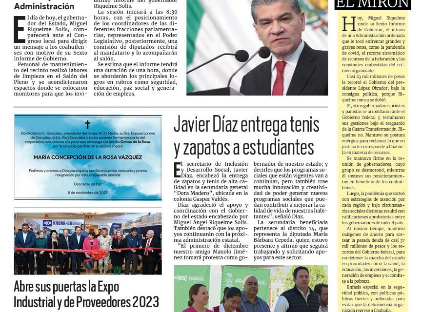 Portada RCG Fronteriza [9 de noviembre de 2023] Presenta hoy MARS Sexto Informe de Gobierno; entrega Acuña acceso a bachillerato y más…